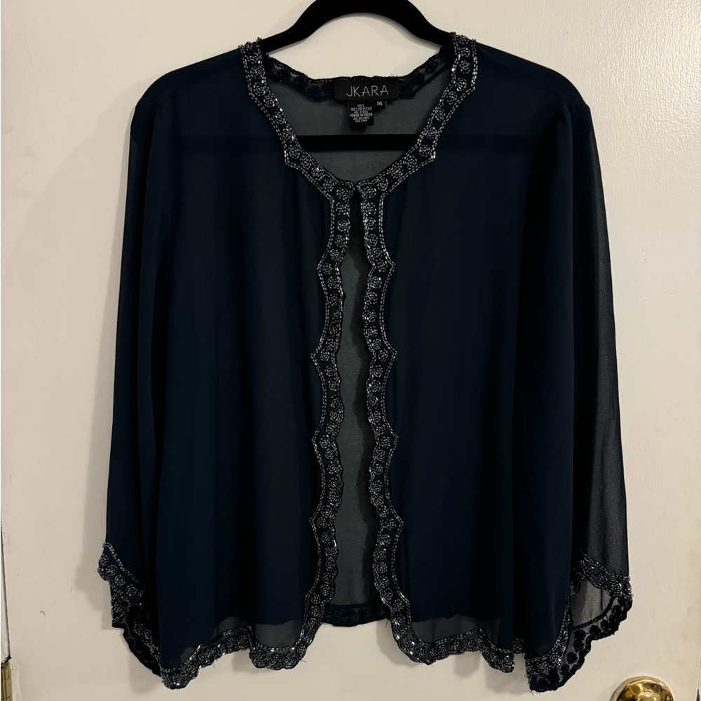 Jkara Sheer Beaded Jacket Shawl Navy Blue Size 16 Excellent Condition